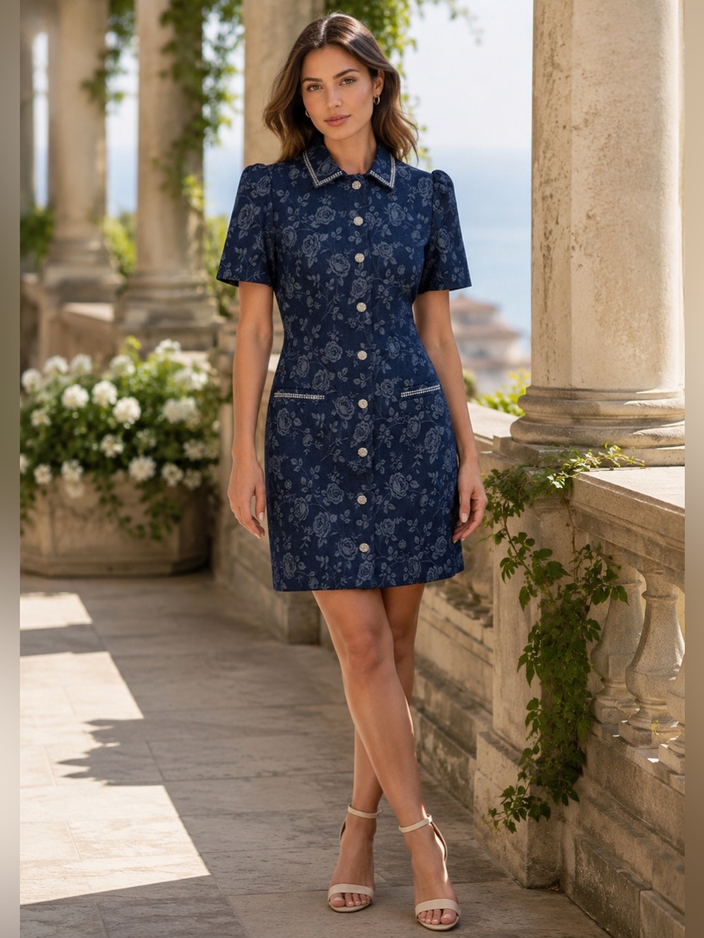 Eliza J Floral Jacquard Bead Detail Denim Shirtdress | Button Front Puff Sleeve